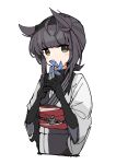  1girl alternate_costume bodysuit brown_hair closed_mouth green_eyes grey_kimono hair_horns hatsuzuki_(kancolle) highres holding_pinwheel japanese_clothes kantai_collection kimono looking_at_viewer pinwheel sayuwan short_hair simple_background solo white_background 