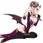  1girl bare_shoulders bat_wings braid clenched_hand detached_sleeves dungeon_and_fighter firstw1 from_side full_body highres horns low_wings medium_hair nyarly_the_forbidden revealing_clothes sheep_horns sitting thighhighs tongue tongue_out twin_braids white_background white_hair wings wrist_cuffs 