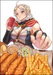  1girl absurdres ahoge axeloust bangs black_bridal_gauntlets blue_eyes braid breasts buttons capelet chest_harness chicken_fingers choker coleslaw commission commissioner_upload cowlick crinkle-cut_fries cup fast_food fire_emblem fire_emblem_fates flower_choker food foreshortening french_fries fried_chicken hairband harness highres holding holding_cup hood hooded_capelet leather low_twin_braids medium_breasts nina_(fire_emblem) non-web_source o-ring open_mouth parted_bangs raising_cane&#039;s_chicken_fingers red_capelet red_hood sauce solo_focus turtleneck twin_braids two-tone_shirt white_background white_choker white_hair white_hairband 