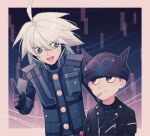  2boys :d ahoge bangs black_eyes black_headwear black_jacket cheer_(cheerkitty14) cigarette danganronpa_(series) danganronpa_v3:_killing_harmony fake_horns foreshortening grey_eyes grin headphones height_difference horns hoshi_ryouma index_finger_raised jacket keebo looking_at_another male_focus multicolored_background multiple_boys open_mouth power_armor shiny shiny_hair shirt smile striped striped_shirt teeth 