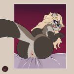  2022 5_fingers anthro anus big_butt black_lips black_nose blonde_hair blue_eyes brown_body brown_fur butt cupcakecarly digital_media_(artwork) domestic_ferret female fingers fist fur genitals hair hi_res lips long_hair looking_at_viewer looking_back looking_back_at_viewer mammal mustela mustelid musteline open_mouth pussy sitting smile solo true_musteline 