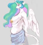  2017 anthro big_breasts blue_hair breasts equid equine feathered_wings feathers female friendship_is_magic green_hair hair hasbro horn jupiter-ponies long_hair long_tail looking_back mammal multicolored_hair my_little_pony nipples pink_eyes pink_hair princess_celestia_(mlp) simple_background smile solo towel white_body white_feathers winged_unicorn wings 