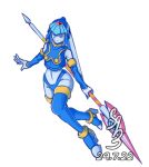  1girl android artist_name blue_eyes boots full_body gloves helmet holding holding_polearm holding_weapon leviathan_(mega_man) mega_man_(series) mega_man_zero polearm robot robot_girl simple_background spear thigh_boots thighhighs weapon white_background white_gloves xaym2224 