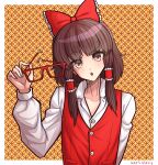  1girl absurdres artist_name bow brown_eyes brown_hair buttons hair_ornament hakurei_reimu highres holding holding_eyewear jacket long_sleeves looking_at_viewer markislazy open_mouth red-framed_eyewear red_bow red_jacket shirt solo touhou white_shirt 
