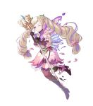  1girl alternate_costume bangs blonde_hair boots clenched_teeth dress earrings elise_(fire_emblem) fairy_wings fire_emblem fire_emblem_fates fire_emblem_heroes flower full_body gloves gradient gradient_clothes hair_ornament highres holding jewelry layered_skirt leg_up long_hair long_sleeves multicolored_hair non-web_source official_art one_eye_closed parted_lips petals pleated_skirt purple_eyes purple_hair ringozaka_mariko shiny shiny_hair short_dress skirt solo staff striped teeth thigh_boots torn_clothes torn_footwear torn_sleeves transparent_background twintails two-tone_hair vertical_stripes wings zettai_ryouiki 