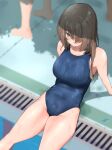  bangs bare_arms bare_legs bare_shoulders blue_one-piece_swimsuit blush breasts brown_hair c@rbon closed_mouth covered_navel from_above green_eyes highres large_breasts medium_hair mole mole_on_thigh one-piece_swimsuit original poolside school_swimsuit sitting solo_focus swimsuit thighs water wet 