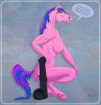  2021 5_fingers animal_dildo animal_sex_toy anthro balls breasts crouching digital_media_(artwork) dildo dream_merchant english_text equid equine equine_dildo female fingers genitals green_eyes hair hooves horse looking_at_viewer mammal multicolored_hair nipples pink_body sex_toy simple_background solo speech_bubble text two_tone_hair two_tone_tail 
