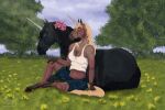  2021 accessory anthro black_body black_hair black_tail blonde_hair blue_eyes brown_body clothed clothing detailed_background dream_merchant duo equid equine female feral flower flower_in_hair grass hair hair_accessory hooves horn leaning_on_another looking_away luna_(chestnutluna) lying mammal mane navel on_side plant sitting tree unicorn yellow_eyes yellow_tail 