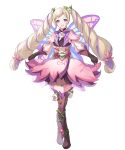  1girl alternate_costume bangs blonde_hair boots dress earrings elise_(fire_emblem) fairy_wings fire_emblem fire_emblem_fates fire_emblem_heroes flower full_body gloves gradient gradient_clothes hair_ornament highres jewelry layered_skirt long_hair long_sleeves looking_at_viewer multicolored_hair non-web_source official_art open_mouth pleated_skirt purple_eyes purple_hair ringozaka_mariko shiny shiny_hair short_dress skirt skirt_hold smile solo standing striped thigh_boots transparent_background twintails two-tone_hair vertical_stripes wings zettai_ryouiki 