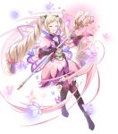  1girl alternate_costume bangs blonde_hair boots bug butterfly closed_eyes dress earrings elise_(fire_emblem) fairy_wings fire_emblem fire_emblem_fates fire_emblem_heroes flower full_body gloves glowing gradient gradient_clothes hair_ornament highres jewelry layered_skirt leg_up long_hair long_sleeves multicolored_hair non-web_source official_art open_mouth pleated_skirt purple_hair ringozaka_mariko shiny shiny_hair short_dress skirt smile solo sparkle striped thigh_boots transparent_background twintails two-tone_hair vertical_stripes wings zettai_ryouiki 
