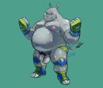  2022 absurd_res anthro balls belly big_belly bodily_fluids flaccid genitals grey_body hi_res humanoid_hands male mammal moobs navel nipples overweight overweight_male penis pubes rhinocerotoid simple_background solo sweat vestforlast 