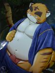  2022 5groo5 anthro asian_clothing belly blush bulge clothing east_asian_clothing felid fundoshi hi_res humanoid_hands japanese_clothing jinbei_(clothing) kemono male mammal moobs navel outside overweight overweight_male pantherine red_clothing red_fundoshi red_underwear solo tiger underwear 