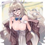  1girl adjusting_eyewear akane_(blue_archive) akane_(bunny)_(blue_archive) animal_ears bare_shoulders blue_archive bow bowtie breasts cleavage detached_collar etomai fake_animal_ears gloves halo highres large_breasts leotard light_brown_hair long_hair open_mouth pantyhose playboy_bunny rabbit_ears shawl solo very_long_hair white_gloves white_leotard 