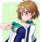  ! 1girl bandaid bandaid_on_face blush breasts brown_eyes brown_hair cypress kantai_collection large_breasts nose_blush oboro_(kancolle) official_alternate_costume race_queen short_hair solo_focus upper_body zipper zipper_pull_tab 