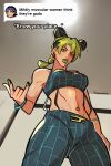  1girl abs absurdres black_hair blonde_hair braid braided_ponytail brooch cone_hair_bun derivative_work double_bun green_eyes green_hair gwess hair_bun highres huyandere jewelry jojo_no_kimyou_na_bouken kujo_jolyne leanbeefpatty lipstick long_hair looking_at_viewer makeup meme midriff mildly_muscular_women_think_they&#039;re_gods_(meme) multicolored_hair solo spider_web_print stone_ocean tattoo tiktok two-tone_hair 