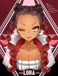  1girl animification apex_legends braid breasts brown_eyes brown_hair character_name cleavage collarbone dark-skinned_female dark_skin earrings eyeshadow fur-trimmed_jacket fur_trim gold_choker grey_shirt jacket jewelry koyubisennti loba_(apex_legends) long_hair looking_to_the_side makeup medium_breasts multicolored_hair one_eye_closed portrait red_background red_eyeshadow red_hair shirt solo strapless strapless_shirt tongue tongue_out twin_braids two-tone_hair 