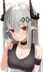  1girl ^^^ arknights arm_strap bangs black_choker blush breasts choker cleavage collarbone earrings food food_on_face grey_hair hair_between_eyes hair_ornament highres holding holding_food horns infection_monitor_(arknights) jewelry large_breasts long_hair looking_at_viewer mudrock_(arknights) orirock_(arknights) parted_lips pointy_ears raw_egg_lent red_eyes smile solo sports_bra upper_body very_long_hair 