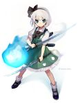  1girl black_bow black_bowtie black_footwear black_hairband black_ribbon blue_eyes bobby_socks bow bowtie dual_wielding full_body green_skirt green_vest grey_hair hair_ribbon hairband highres hitodama hitodama_print holding holding_sword holding_weapon katana konpaku_youmu konpaku_youmu_(ghost) looking_at_viewer mary_janes razuzyamu ribbon shoes short_hair simple_background skirt socks solo sword tassel touhou twitter_username vest weapon white_background white_socks 