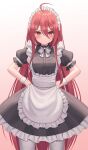  1girl ahoge alternate_costume enmaided gradient gradient_background hair_between_eyes hands_on_hips highres long_hair looking_at_viewer maid maid_headdress neck_ribbon pantyhose pink_background puffy_short_sleeves puffy_sleeves red_eyes red_hair ribbon seungju_lee shakugan_no_shana shana short_sleeves solo standing very_long_hair white_pantyhose white_ribbon 