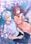  1boy 1girl bangs bench brown_eyes brown_hair cherry_blossoms coffee coffee_cup cup disposable_cup dress eyebrows_hidden_by_hair falling_petals flower fuyutsuki_(ice_cool) grey_eyes grey_hair hair_between_eyes highres himuro holding holding_cup long_hair looking_at_another pants park_bench petals shirt short_hair sitting snowman the_ice_guy_and_his_cool_female_colleague tokiwata_soul 