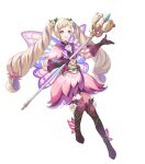  1girl alternate_costume bangs blonde_hair boots dress earrings elise_(fire_emblem) fairy_wings fire_emblem fire_emblem_fates fire_emblem_heroes flower full_body gloves gradient gradient_clothes hair_ornament highres holding jewelry layered_skirt leg_up long_hair long_sleeves looking_away multicolored_hair non-web_source official_art open_mouth pleated_skirt purple_eyes purple_hair ringozaka_mariko shiny shiny_hair short_dress skirt smile solo staff striped thigh_boots transparent_background twintails two-tone_hair vertical_stripes wings zettai_ryouiki 
