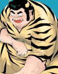  2022 belly big_belly biped blue_background blush clothed clothing eaka eyes_closed hi_res horn horned_humanoid humanoid humanoid_hands lum&#039;s_father male mature_male overweight overweight_male simple_background solo urusei_yatsura 