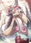  1girl :d animal_ears bangs ears_through_headwear fanny_pack fur furry furry_female green_eyes hand_up helmet highres light_particles light_rays looking_at_viewer made_in_abyss nanachi_(made_in_abyss) open_mouth sidelocks smile solo standing suzaku_(zaku6584) tail whiskers white_hair 