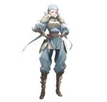  1girl absurdres arm_guards armor bangs blue_hair boots braid breastplate closed_mouth commentary_request dress elbow_gloves fire_emblem fire_emblem_awakening fire_emblem_heroes french_braid full_body gloves hair_bun hands_on_hips highres hirooka_masaki knee_boots long_sleeves looking_at_viewer official_art pelvic_curtain phila_(fire_emblem) puffy_sleeves red_eyes shiny shiny_hair short_dress shoulder_armor simple_background solo standing striped thighhighs vertical_stripes white_background 