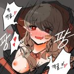  1girl bandaid bandaid_on_face black_cloak blush bow bowtie brown_hair cloak dungeon_and_fighter fang grey_background hair_tie heart heart-shaped_eyes ikki_the_vikki one_breast_out open_mouth red_eyes retri sex short_twintails sketch sweatdrop third-party_source twintails upper_body 