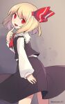  1girl ascot blonde_hair bow hair_ribbon highres long_sleeves open_mouth razuzyamu red_bow red_eyes ribbon rumia shirt short_hair skirt skirt_set smile solo touhou vest white_shirt 