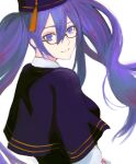 1girl fate/grand_order fate_(series) glasses highres long_hair looking_at_viewer moedredd purple_eyes purple_hair simple_background sion_eltnam_sokaris solo twintails white_background 