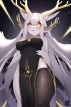  anthro antlers canid canine clothing cyberkitt deity female fennec fennec_ears fox fur glowing glowing_eyes gold_(metal) hair horn japanese_dress legwear long_hair luumy_(cyberkitt) mammal solo space stockings white_body white_fur yellow_eyes 