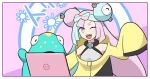  1girl aqua_hair bellibolt bow-shaped_hair character_hair_ornament ewai hair_ornament iono_(pokemon) jacket oversized_clothes pokemon pokemon_(creature) pokemon_(game) pokemon_sv sharp_teeth shirt sleeveless sleeveless_shirt sleeves_past_fingers sleeves_past_wrists teeth yellow_jacket 