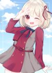  1girl ;d arm_up bangs black_bow blonde_hair blue_sky bow cloud cloudy_sky commentary_request day dress grey_dress hair_between_eyes hair_ribbon highres long_sleeves looking_at_viewer lycoris_recoil nishikigi_chisato one_eye_closed outdoors pleated_skirt red_dress red_eyes red_ribbon ribbon romaji_commentary skirt sky smile solo suzu_(minagi) two-tone_dress 