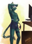  2022 absurd_res anthro black_bottomwear black_clothing black_underwear bodily_fluids bottomwear breath bulge cheek_tuft clothed clothing dated eyewear facial_tuft felid fur glasses green_body green_fur hair hi_res inner_ear_fluff male mammal navel nintendo nintendo_switch open_mouth papayafurry pupils signature simple_background slit_pupils solo standing sweat three-quarter_view topless tuft underwear video_games white_hair white_inner_ear_fluff 