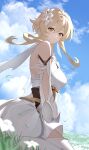 1girl absurdres blonde_hair blue_sky breasts closed_mouth cloud day flower genshin_impact grass hair_flower hair_ornament highres iwashi_111 looking_at_viewer lumine_(genshin_impact) medium_breasts medium_hair outdoors sitting sky solo thighhighs white_thighhighs yellow_eyes 