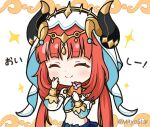  1girl :t ^_^ bangs blush breasts closed_eyes closed_mouth commentary_request crop_top facing_viewer food genshin_impact headpiece holding holding_food horns horns_through_headwear long_hair long_sleeves looking_away low_twintails mitya navel nilou_(genshin_impact) puffy_long_sleeves puffy_sleeves red_hair small_breasts smile solo sparkle translation_request twintails twitter_username upper_body veil very_long_hair white_background 
