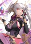 1girl absurdres breasts bridal_gauntlets cape commentary_request covered_navel fire_emblem fire_emblem_awakening fire_emblem_heroes gonzarez grey_hair highres large_breasts long_hair looking_at_viewer parted_lips purple_cape red_eyes robin_(fire_emblem) robin_(fire_emblem)_(female) shiny shiny_hair sitting solo twintails 