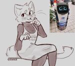  2022 anthro anthrofied apron carrefour clothing domestic_cat felid feline felis girly hi_res kerfus logo machine male mammal monochrome robot sepia solo verbenaowo 