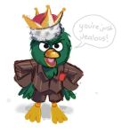 2022 3_toes 482egg anatid angry angry_eyes anseriform anthro avian beak bent_arm bird bird_legs clothed clothing crown dialogue dialogue_box digital_media_(artwork) duck duck_guy_(dhmis) english_text feet fur green_body green_face green_fur grey_hands male shaded shadow solo standing text toes tongue 