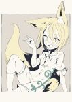  1girl animal_ears blonde_hair blush fox_ears fox_shadow_puppet fox_tail fuukadia_(narcolepsy) green_ribbon hair_between_eyes kudamaki_tsukasa open_mouth ribbon romper short_hair smile solo tail touhou white_romper yellow_eyes 