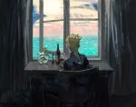  1boy alcohol blonde_hair blue_jacket bottle braid chair cloud commentary cup curtains day desk drinking_glass facing_away feet_out_of_frame flower from_behind giorno_giovanna gradient_sky horizon indoors jacket jojo_no_kimyou_na_bouken lantern_madoyoi light_rays medium_hair ocean on_chair open_window single_braid sitting sky solo sunbeam sunlight symbol-only_commentary vase vento_aureo water white_flower window wine wine_bottle wine_glass yellow_flower 