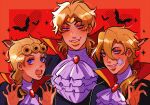  3boys :o absurdres artist_name ascot bandages bandaid bandaid_on_face bangs bat_(animal) black_nails blonde_hair blue_eyes braid bright_pupils brooch cape claw_pose cracked_skin diego_brando dio_brando earrings fang father_and_son film_grain giorno_giovanna green_eyes green_nails hair_between_eyes hair_over_shoulder halloween_costume headband highres huyandere jewelry jojo_no_kimyou_na_bouken looking_at_viewer male_focus medium_hair multiple_boys open_mouth parted_bangs ponytail red_background red_eyes short_hair simple_background smile smirk stardust_crusaders steel_ball_run twitter_username vampire vampire_costume vento_aureo white_pupils 