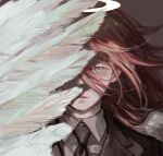  1boy angel_devil_(chainsaw_man) angel_wings bangs black_necktie chainsaw_man collared_shirt feathered_wings feathers formal green_eyes hair_between_eyes halo highres looking_at_viewer momota_ro5555 necktie pink_hair shirt solo suit white_shirt white_wings wing_censor wings 