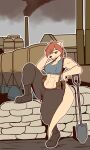  abs absurd_res anthro boots breasts clothing female footwear green_eyes hair hi_res looking_at_viewer mammal marsupial military muscular muscular_female red_hair relaxing shirt short_hair shovel smile smoke solo tan_body tank_top the_man tools topwear truck 