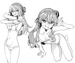  1girl bangs bikini blush bracelet breasts greyscale grin highres hololive hoshimachi_suisei jewelry long_hair longlong_(drasdr7513) looking_at_viewer monochrome multiple_views navel simple_background smile sweatdrop swimsuit undressing v virtual_youtuber white_background 