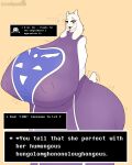  2022 absurd_res anthro big_breasts blush bovid breasts caprine clothing delta_rune_(emblem) dialogue dress english_text eyebrows eyelashes female goat hi_res horn huge_breasts hyper hyper_breasts looking_at_viewer mammal nipple_outline open_mouth red_eyes solo stemingbunbun symbol text toriel undertale undertale_(series) video_games 