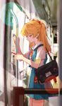  1girl black_bag blue_eyes breasts cellphone closed_mouth eva_02 gcef3535 keychain medium_hair neon_genesis_evangelion orange_hair phone pointy_nose red_ribbon ribbon school_uniform solo souryuu_asuka_langley tokyo-3_middle_school_uniform train_interior 