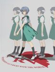  1girl absurdres ayanami_rei bandage_over_one_eye black_socks blue_hair breasts cx021013 full_body highres looking_at_viewer neon_genesis_evangelion nerv red_eyes red_ribbon ribbon school_uniform short_hair socks tokyo-3_middle_school_uniform variations white_footwear 