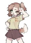  accessory ambiguous_gender anthro blep brown_body brown_fur canid canine canis clothing crayon_(artist) domestic_dog eyes_closed fur hair_accessory hairband hi_res looking_at_viewer mammal one_eye_closed shirt solo t-shirt tongue tongue_out topwear white_body white_fur wink winking_at_viewer 
